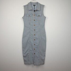 Bebe Denim Shirt Dress Women's Size L Blue Sleeveless Rhinestone Logo